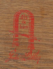 Large red decal Gustav Stickley signature in drawer.  Circa 1904 to 1906.